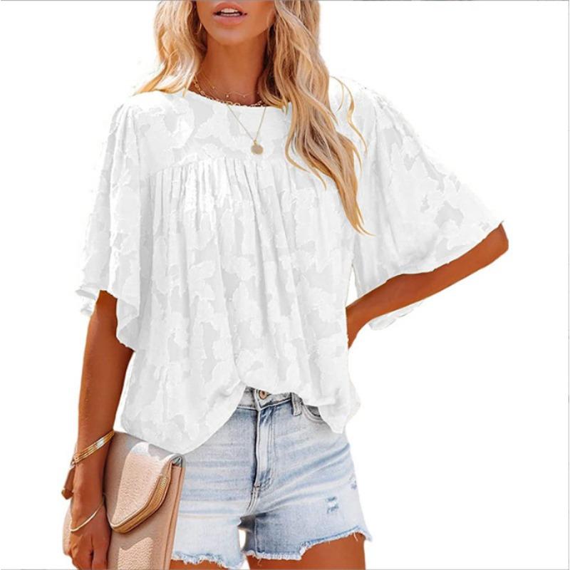 Cute Pleated Flared Sleeve Doll Outfit Round Neck Lace Summer Floral Shirt