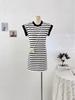 Korean Color Block Striped Round Neck Bodycon Dress - Women's Casual Slim Fit, Spring/Summer 2026