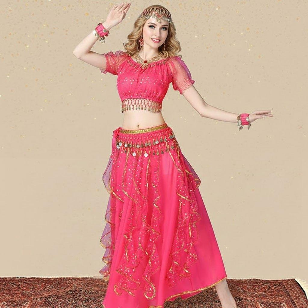 Short Sleeve Choli Top Maxi Swing Skirt 7-Piece Sari Performance Outfit Women's Bollywood Indian Dance Costume Set