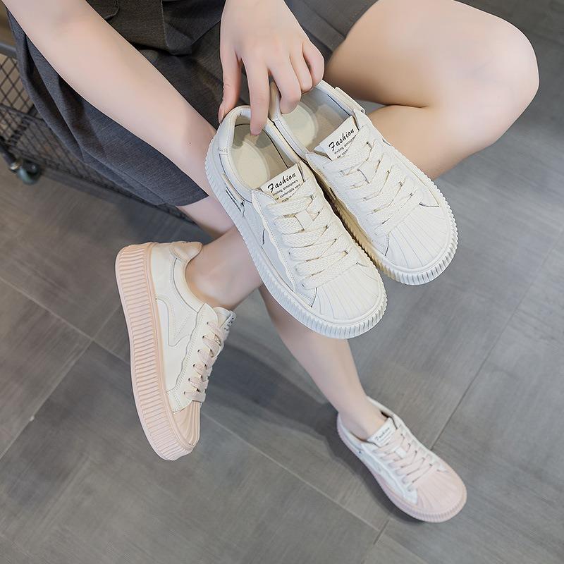 Spring new little white shoes women's leather thick-soled heightening fashion shell head board shoes lace-up casual sports shoes