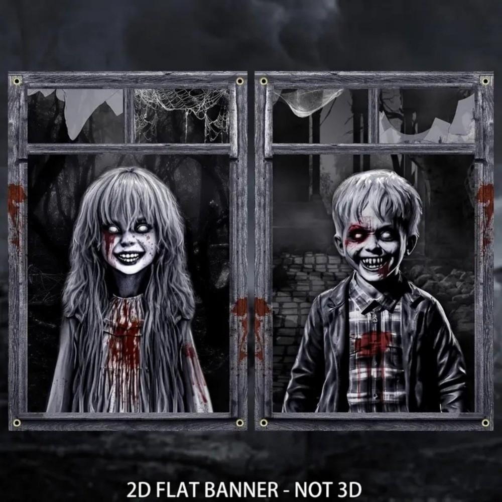 2PCS 2D Flat Scary Halloween Window Cover Super Terrifying Blood-Themed Scary Halloween Backdrops Polyester Fiber