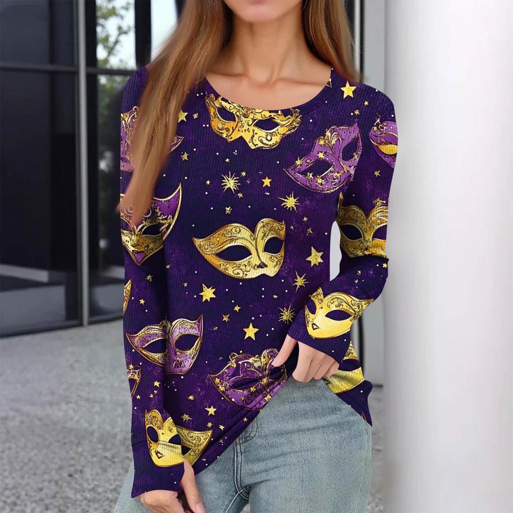 Damski Zimowy Wąski T-shirt Spodnia Moda Casual Nadruk Okrągły Dekolt Pulower Długi Rękaw Top