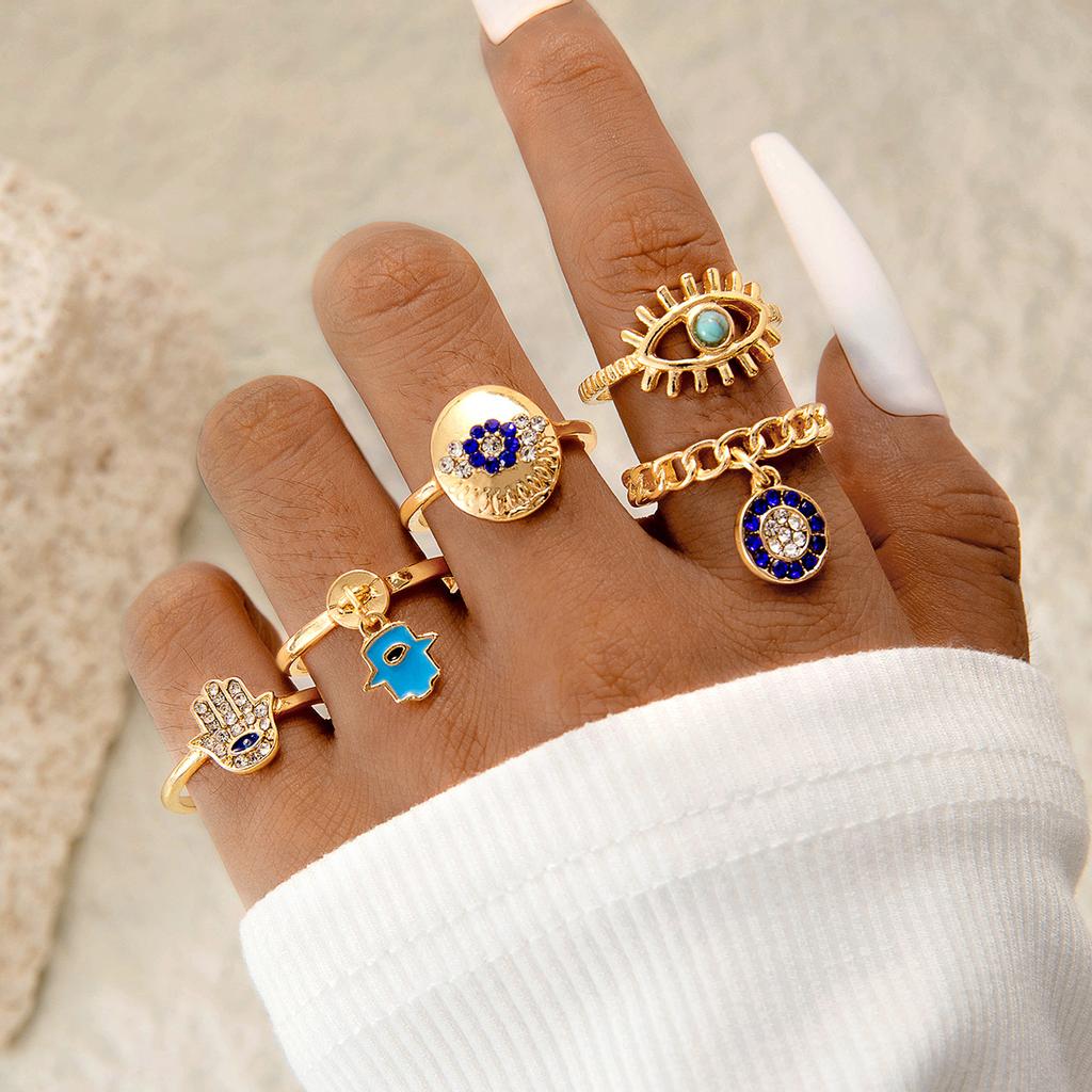 Fashion jewelry Vintage carved sun feather cross black gemstone ring multi-piece set set