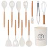 Silicone Kitchen Utensils Set 11 Pieces, Heat Resistant Cooking Tools With Wooden Handles, Safe For Nonstick Cookaware, Beige Color