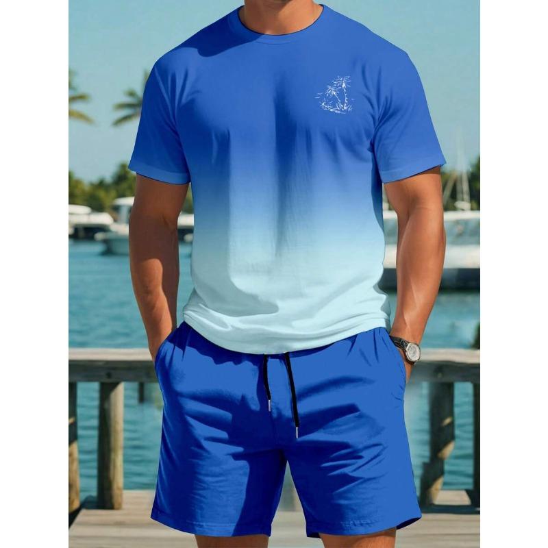 2026 New Summer Men s coconut tree Print T-Shirt And Shorts Set Loose Simple Fashion Sportswear Casual Two Piece Outfit For Adult Men S синий
