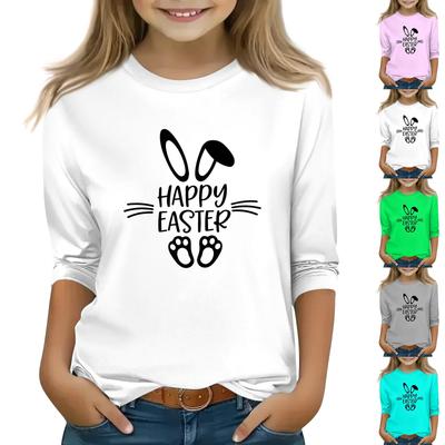 Children's 3/4 Sleeve Tops Casual Print T Shirt Round Neck Pullover Blouse