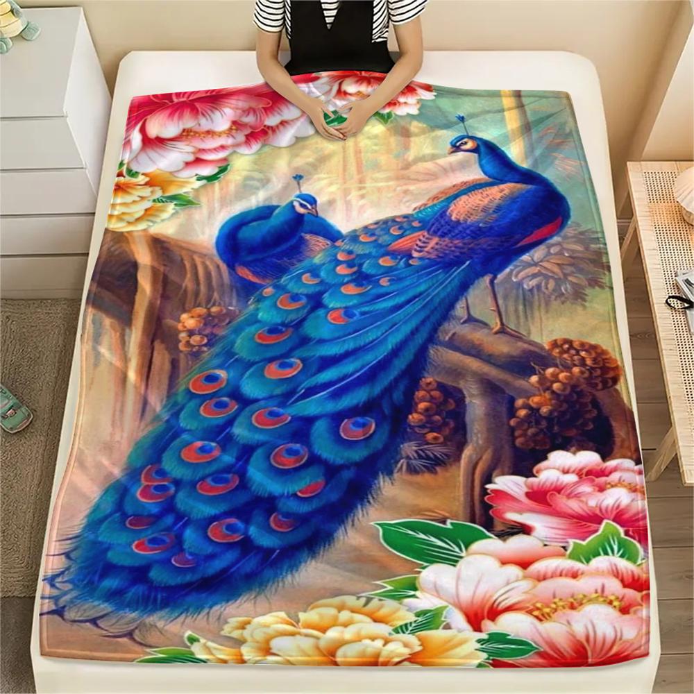 1Pc Peacock Oil Painting Print Flannel Blanket, High Quality Comfortable for All Seasons, Home Decor, Warmth and Comfort, Perfect for Christmas Gifts