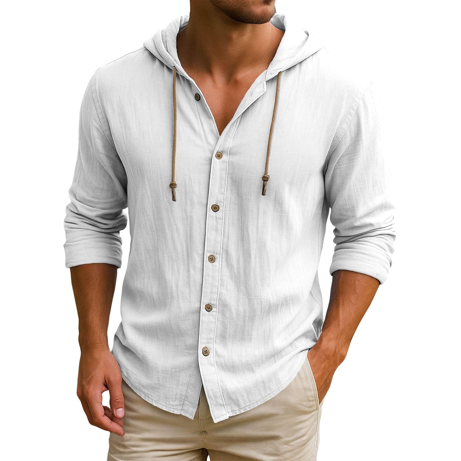 

Мужская футболка с капюшоном однотонная хлопково-льняная мужская повседневная с длинным рукавом XL белый