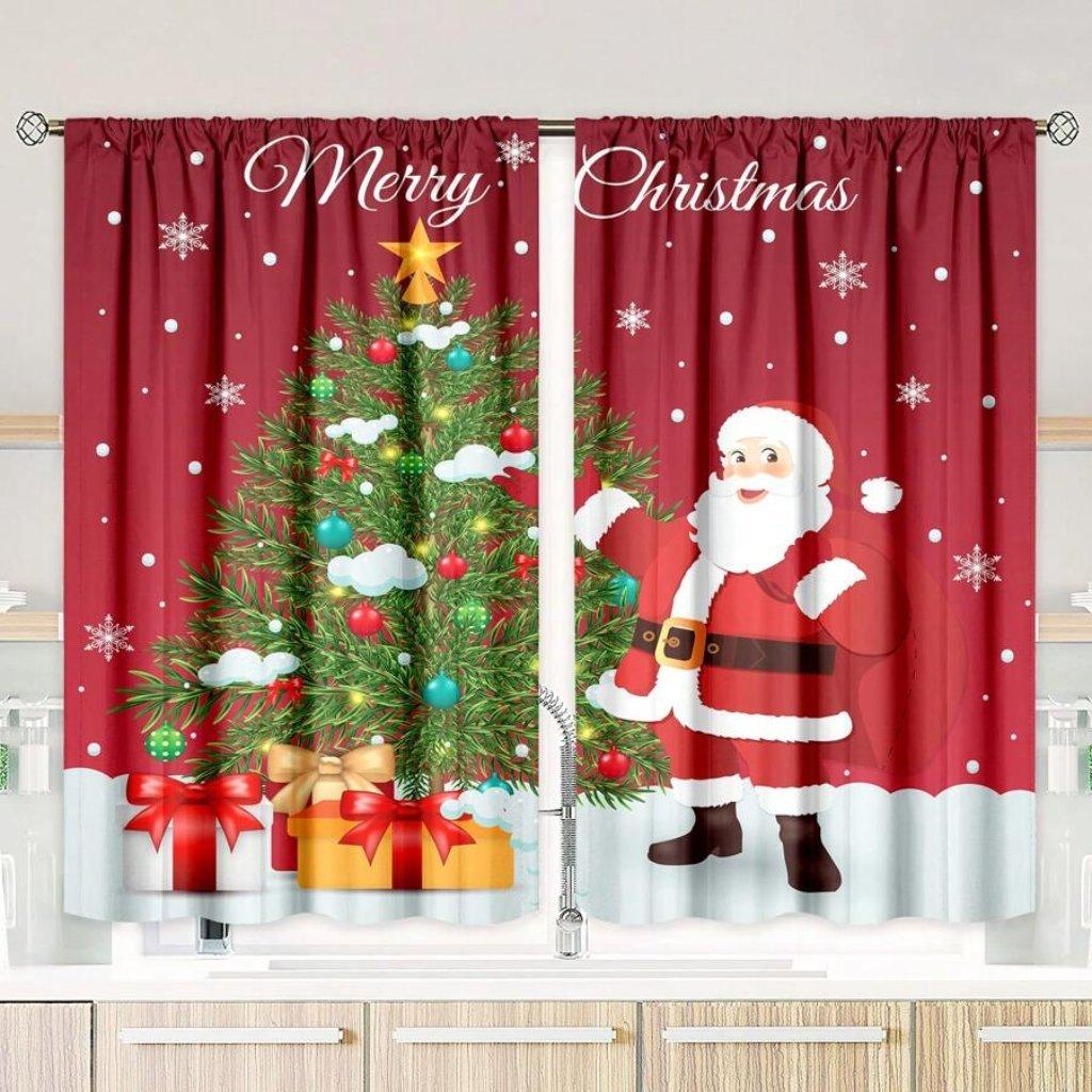 2pcs Red Christmas Digital Print Curtain, 100% Polyester Semi-shading Curtain For Bedroom, Living Room & Home Decor
