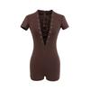 Eleganter Bodysuit mit tiefem V-Ausschnitt, Schnürung und kurzen Ärmeln: Damen Schlankheits-Stretch-Passform