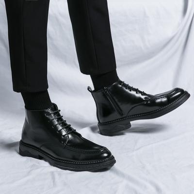 British Winter New Pointed Lace Up Zip Patchwork Patent Leather Ankle Boots Men Casual Luxury High-top Shoes Zapatos Hombre