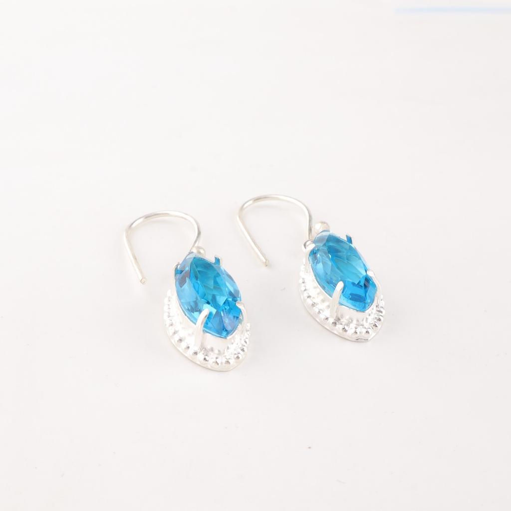 Natural Swiss Blue Topaz Gemstone 925 Fine Silver Jewelry Handmade Earrings 1.4" EE-169-8