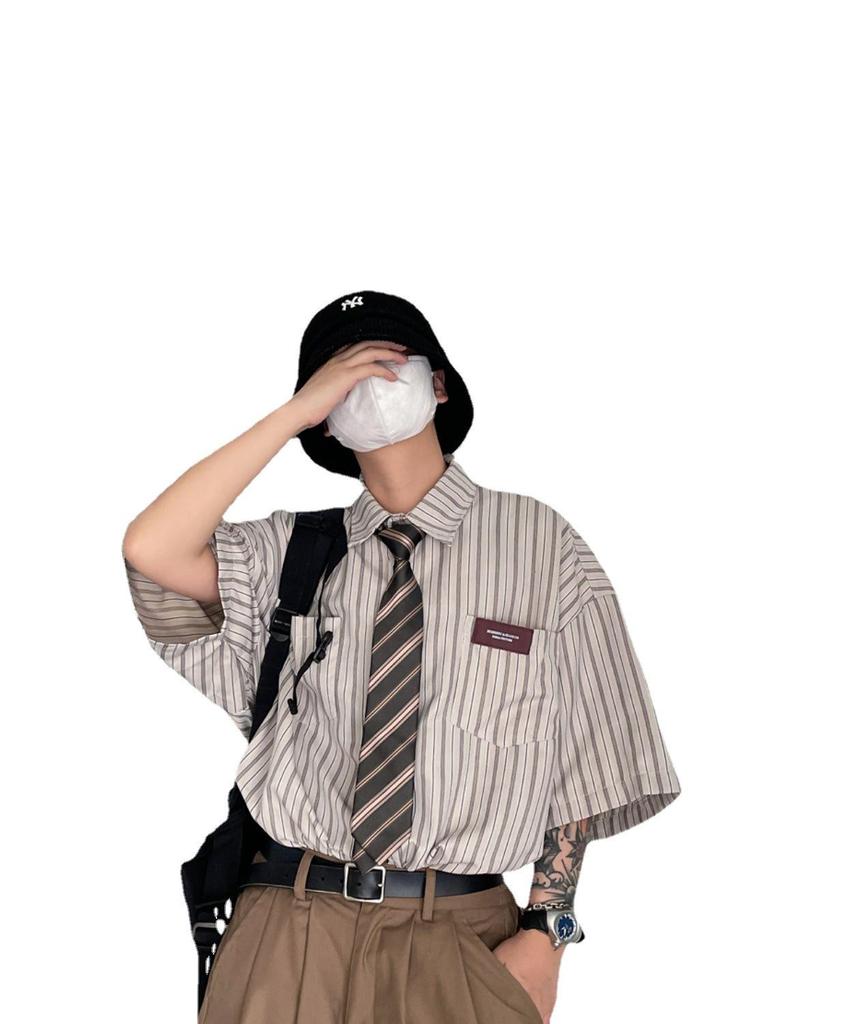 2023 Summer Unisex Japanese Retro Striped Lapel Short-Sleeve Trendy Shirt