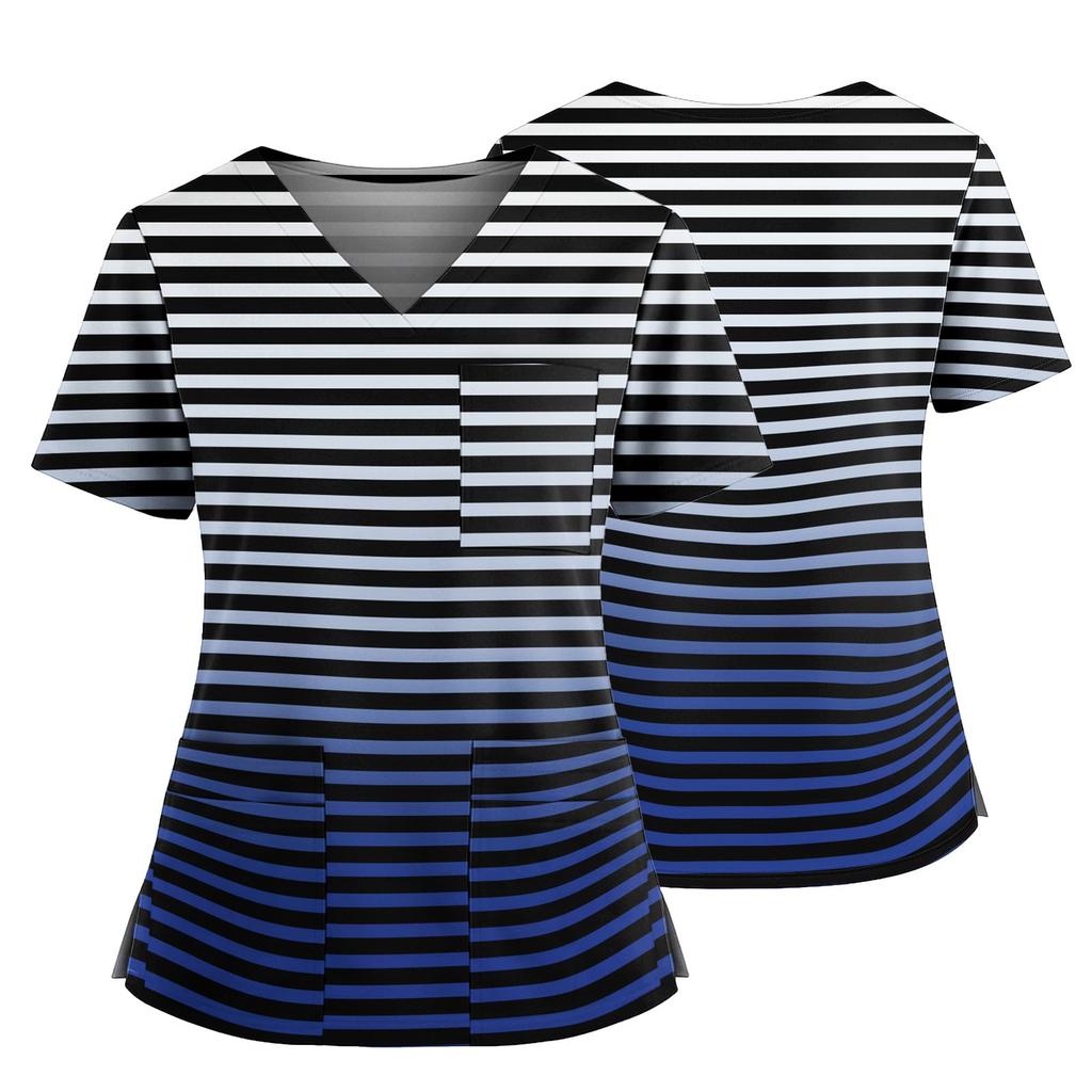 Damski casualowy top z nadrukiem z dekoltem w serek, kieszenią i rozcięciem po bokach, z krótkim rękawem