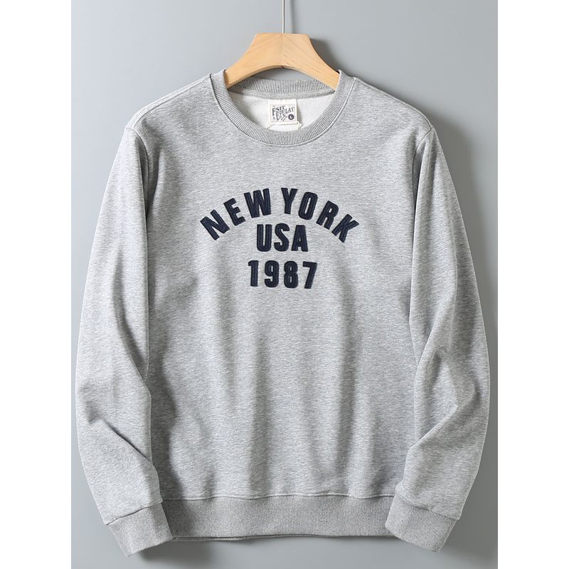 Export Surplus American Retro Solid Color Patchwork Embroidered Versatile Skin-Friendly Loose Round Neck Long Sleeve Pullover Sweatshirt for Men