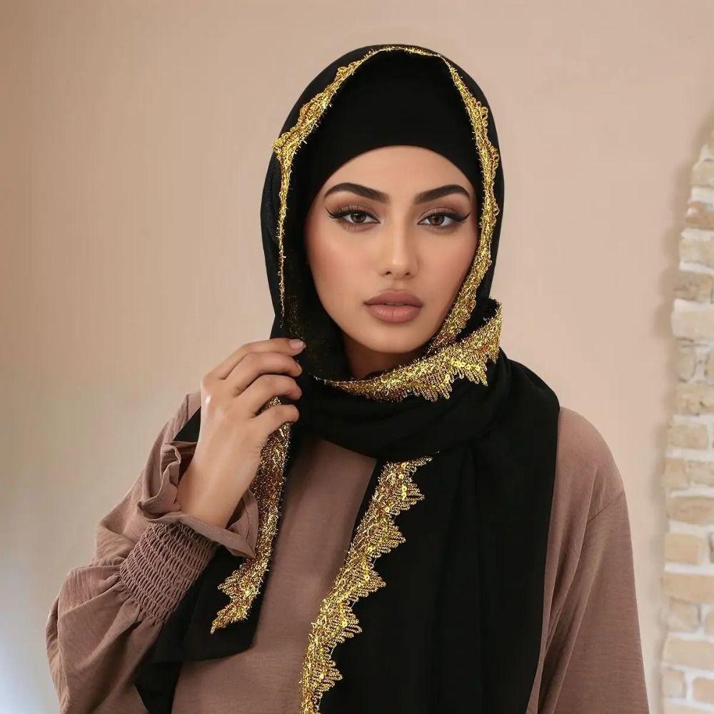 Silk Islamic Turban Gold Sequin Wraps Shawl Fashion Chiffon Hijab Scarf  Beach