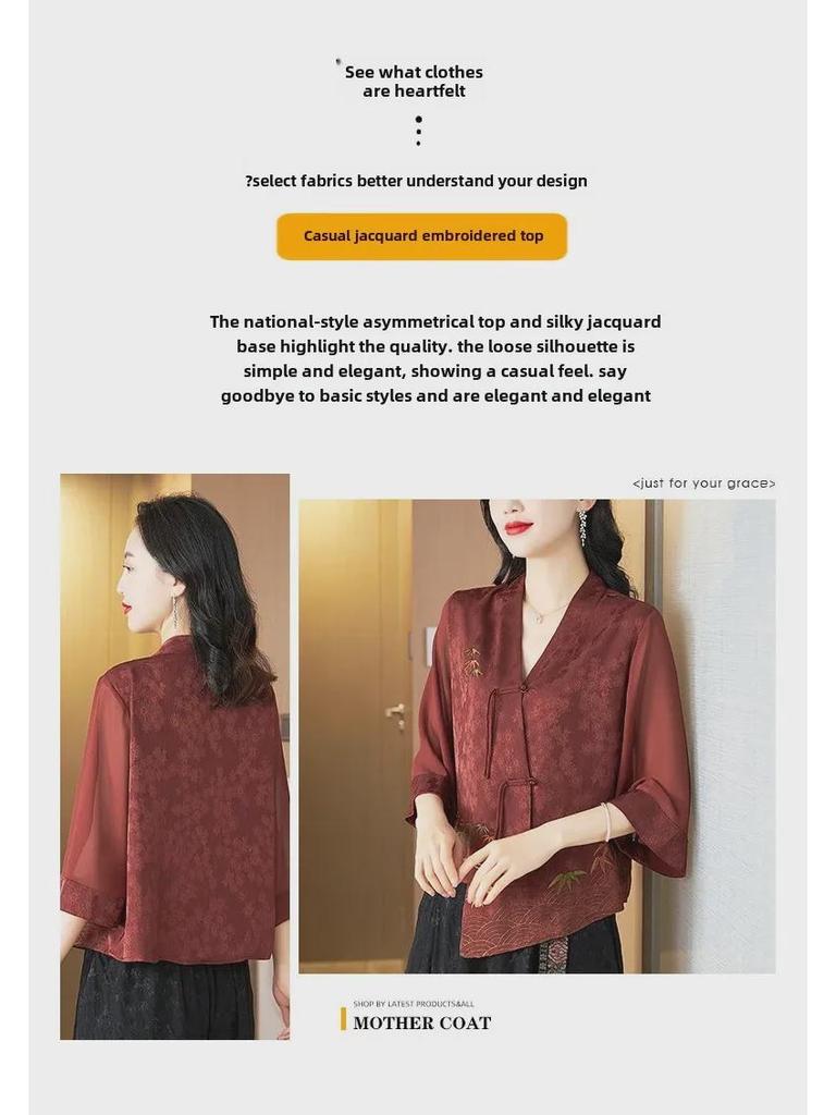 2024 Spring Women's Embroidered Buttoned Top - Irregular Design, Three-Quarter Sleeves