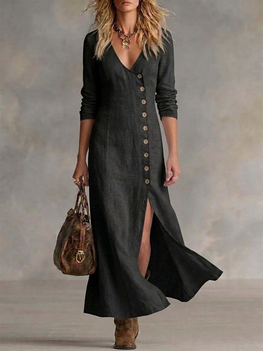 New Spring Summer Fashion Casual Cotton Linen Long Sleeve Buttoned Collar Women s Dress S чёрный