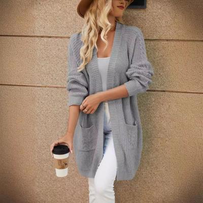 Long Autumn and Winter Knitted Cardigan Women's Loose Splicing Pocket V-neck Knitted Sweater Women's Coat