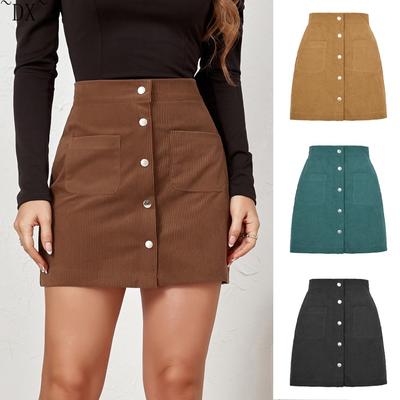 DX~~Autumn and Winter Amazon New Corduroy Hip Wrapped Short Skirt Single Breasted Slim Solid Skirt Cross Border Women's Dress