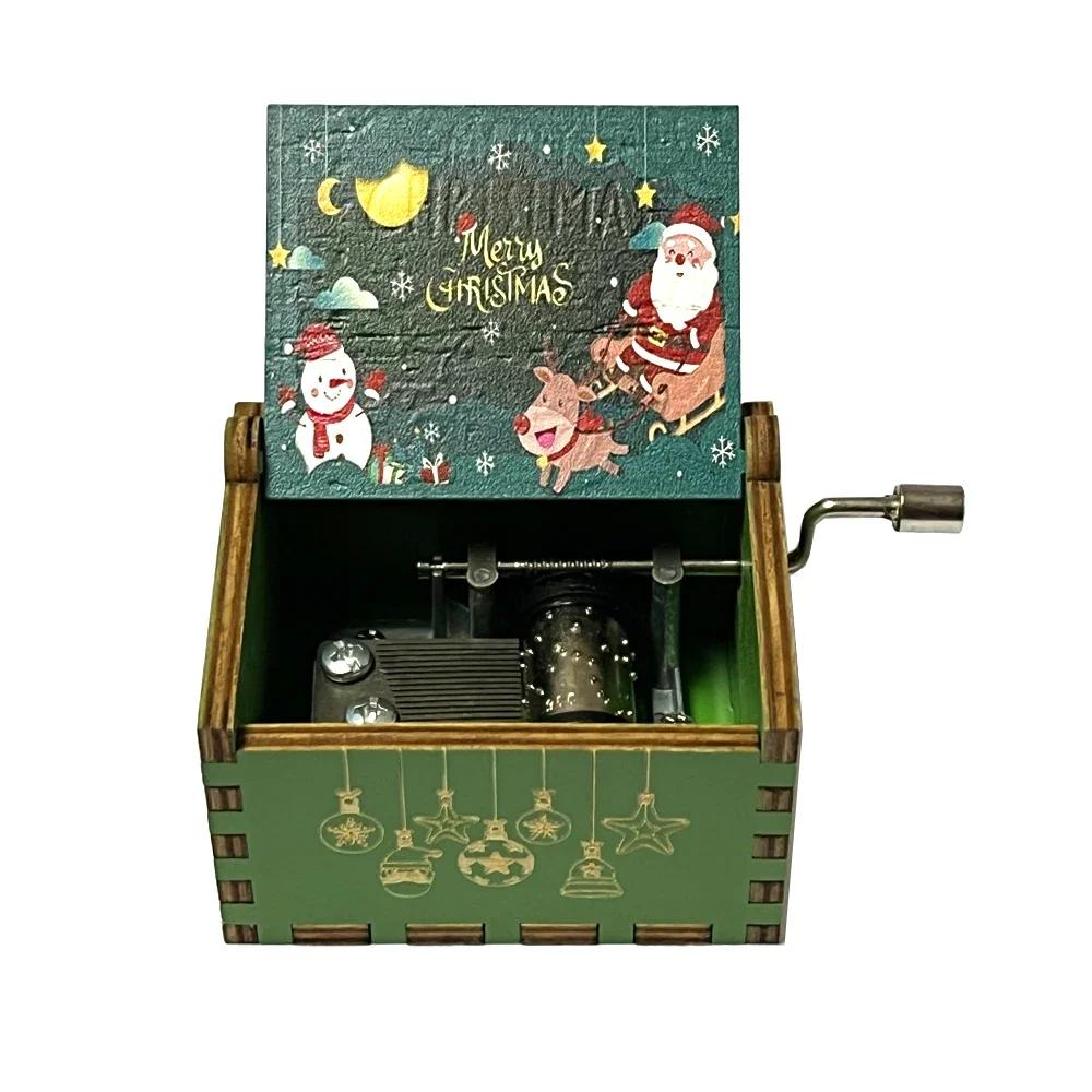 Christmas wooden painted music box wooden hand crank music box holiday gift