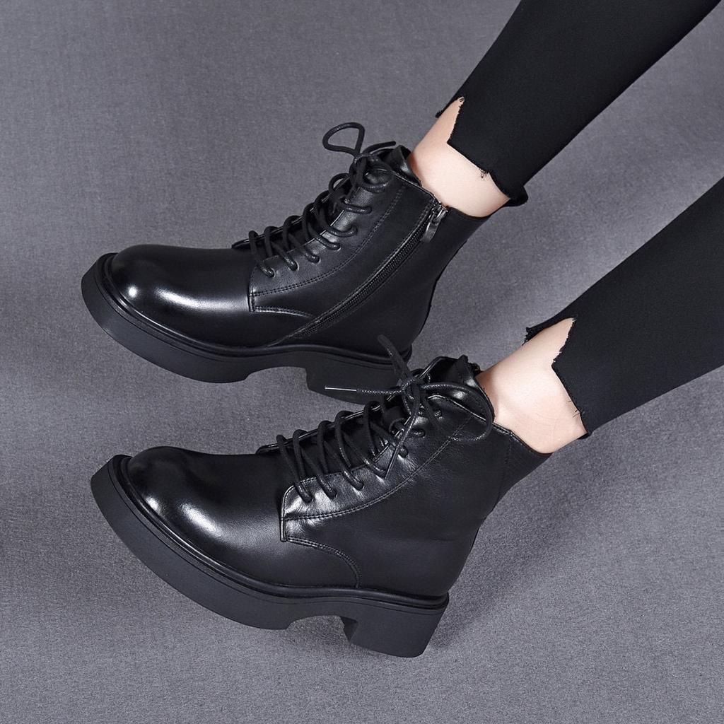 Round head Martin boots women's new lace-up casual first-layer cowhide short boots comfortable cotton boots leather boots women's boots