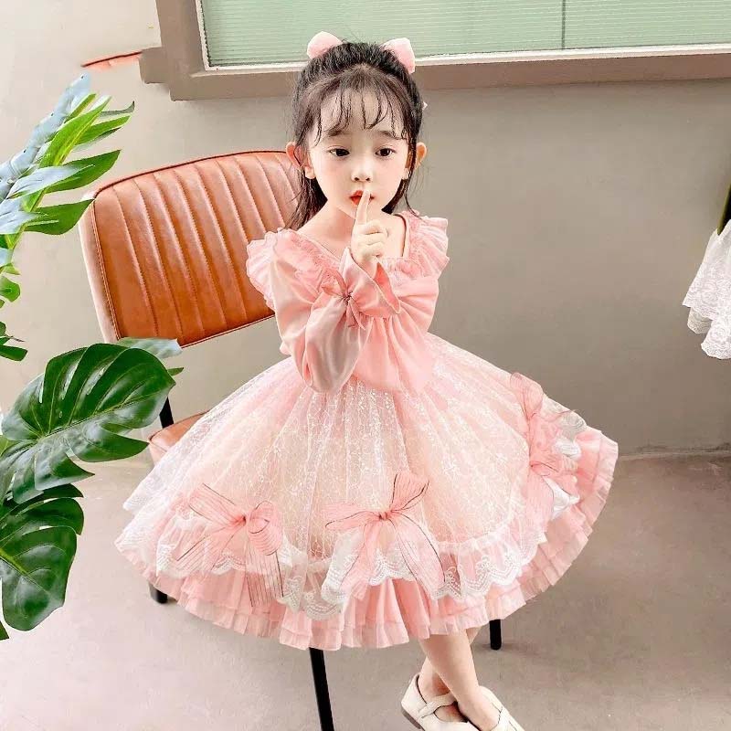 Lolita Girls Princess Dress Spring Autumn Children's Long Sleeve Pink Dress Lace Bow Decoration Sweet A-line Skirt Fairy Set