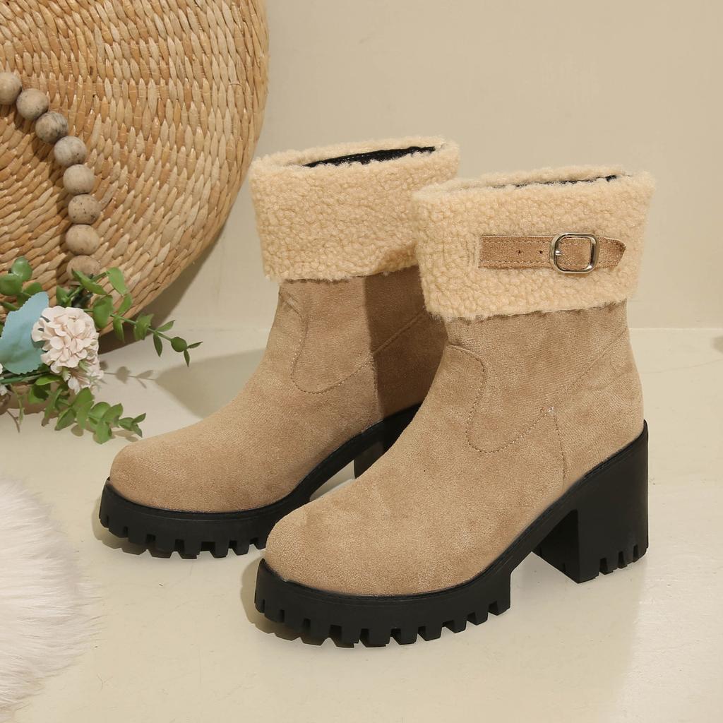 Autumn and winter new European and American low boots with fleece to keep warm large size thick heel Martin boots cotton