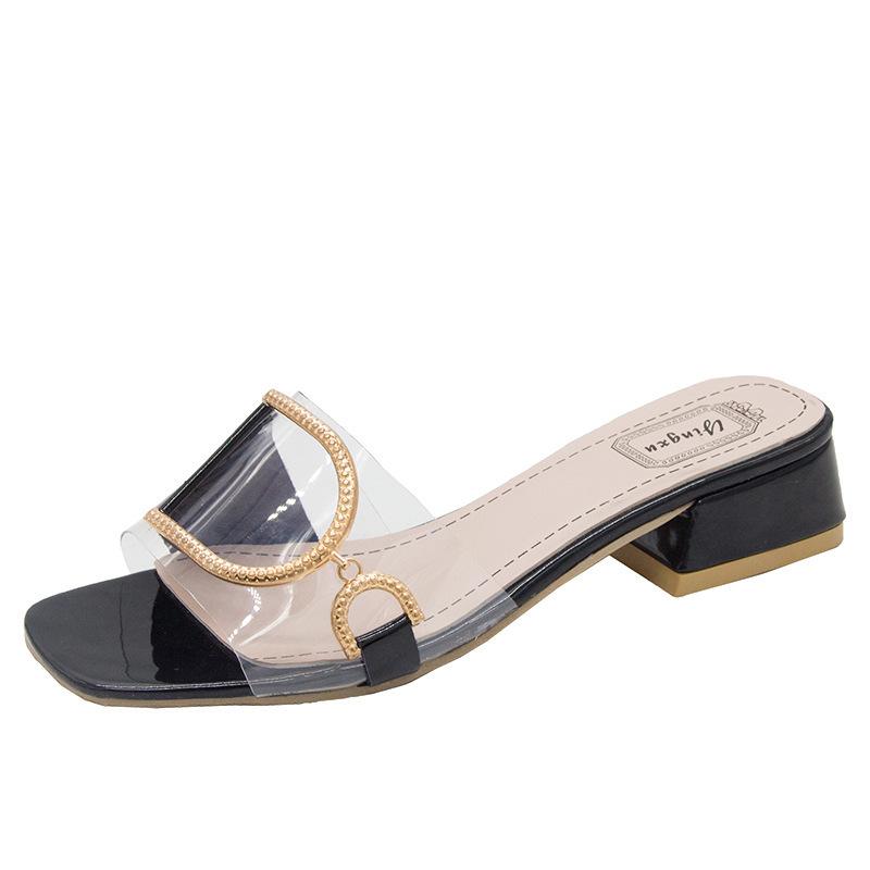 

Шлепанцы на высоком каблуке женская мода уличная одежда новая корейская версия женские крутые шлепанцы металлическая пряжка толстые босоножки на высоком каблуке 34 чёрный