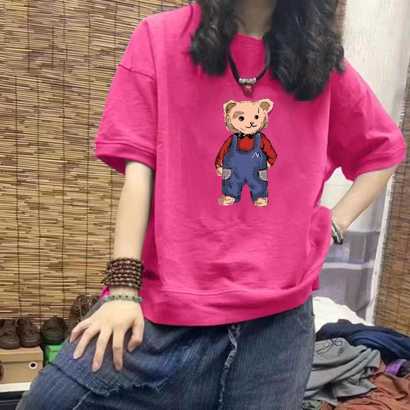 Nowy damski casualowy T-shirt z krótkim rękawem ze 100% bawełny, luźny krój, wyszczuplający rękaw do połowy ramienia z modnym nadrukiem, dostępny w dużych rozmiarach