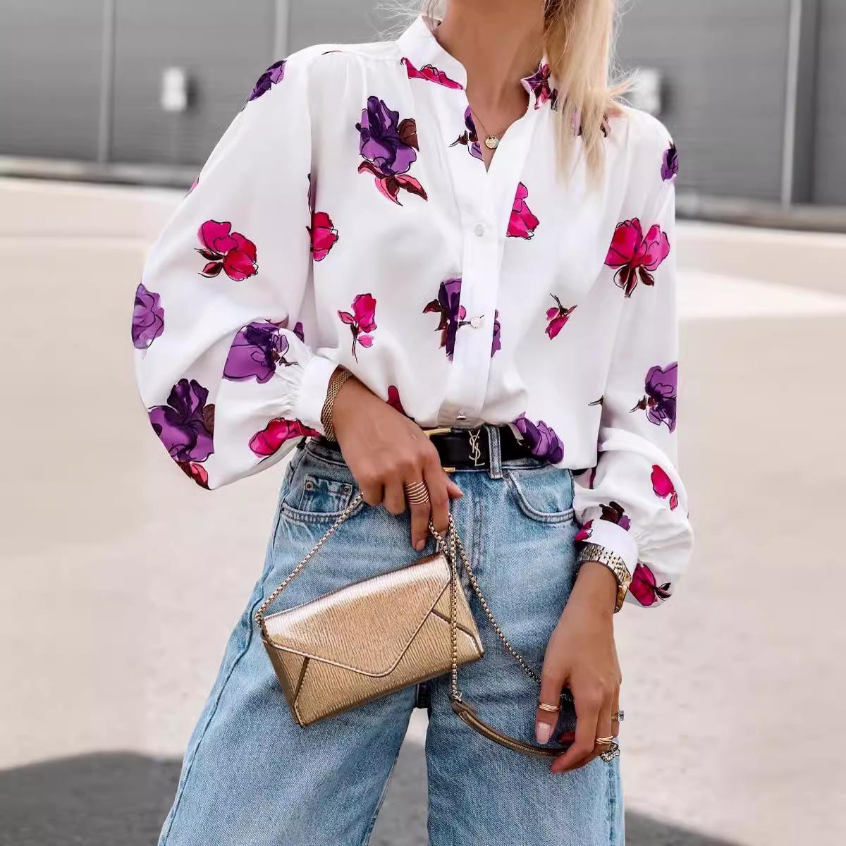 

Autumn 2024 Floral Print Stand-up Collar Long Sleeve Shirt for Women - European & American Style Medium пурпуровий рожевий