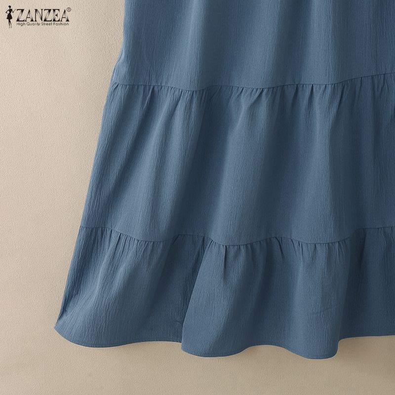 ZANZEA Women Casual Round Neck Solid Color Loose Long Sleeve Long Dress