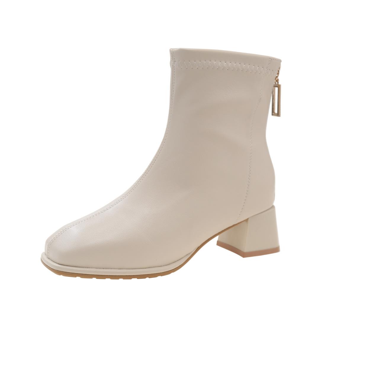 

2025 осень и зима новые корейские бархатные ботинки Martin женские короткие сапоги на толстом каблуке универсальные эластичные тонкие сапоги на молнии сзади 35 бежевый