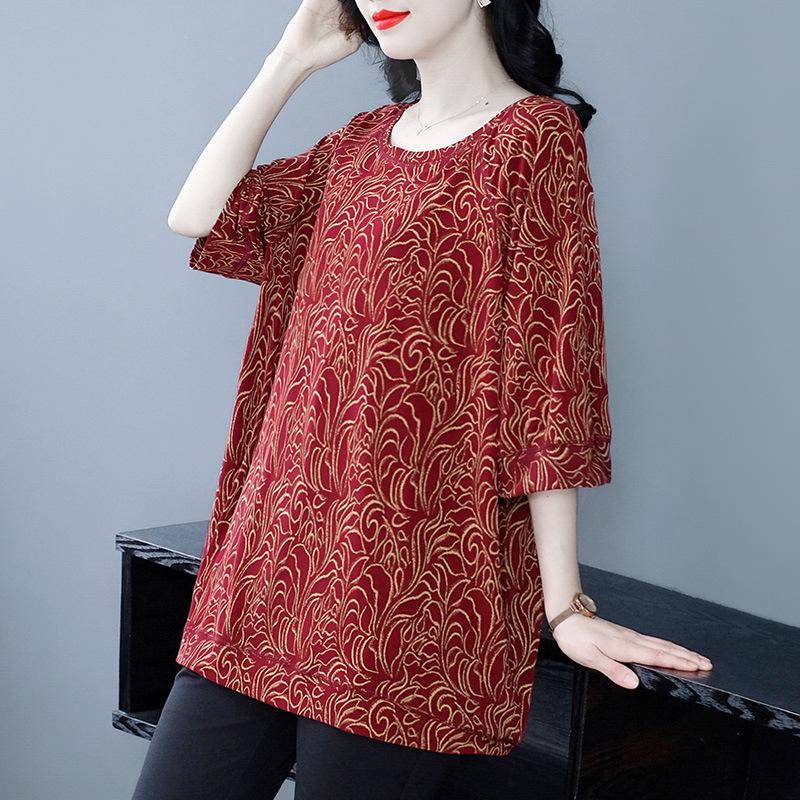 2025 Summer Floral Drapey Mid-Sleeve Plus Size Versatile Women's Clothing