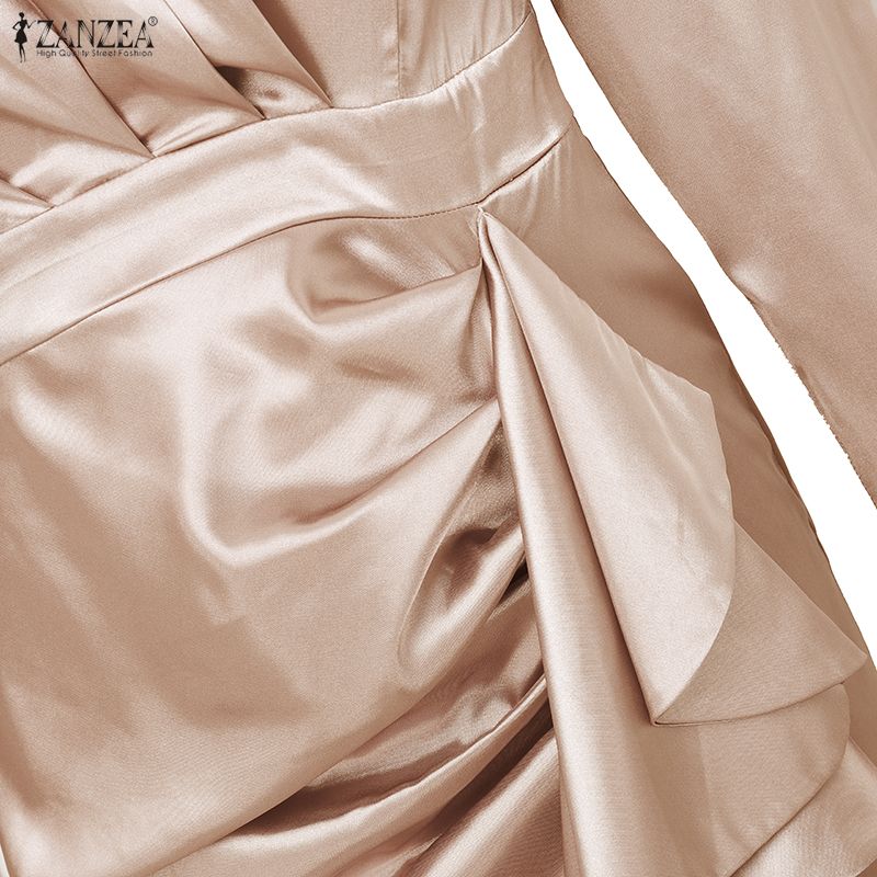 ZANZEA Women Elegant Stand Collar Casual Long Sleeve Satin Long Dress