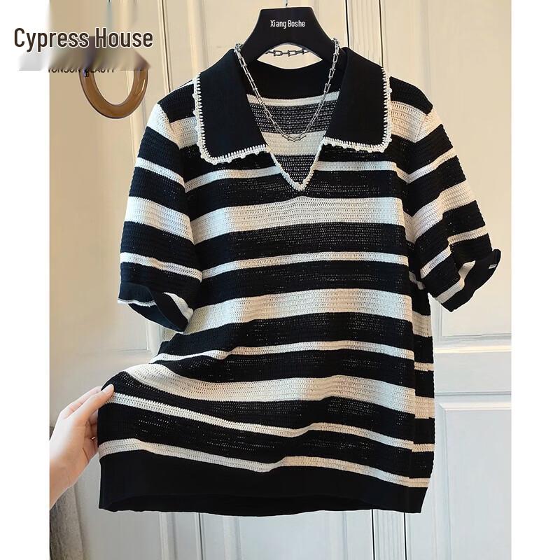 Sibaishe Women s Striped Lapel Short Sleeve Knit Top M