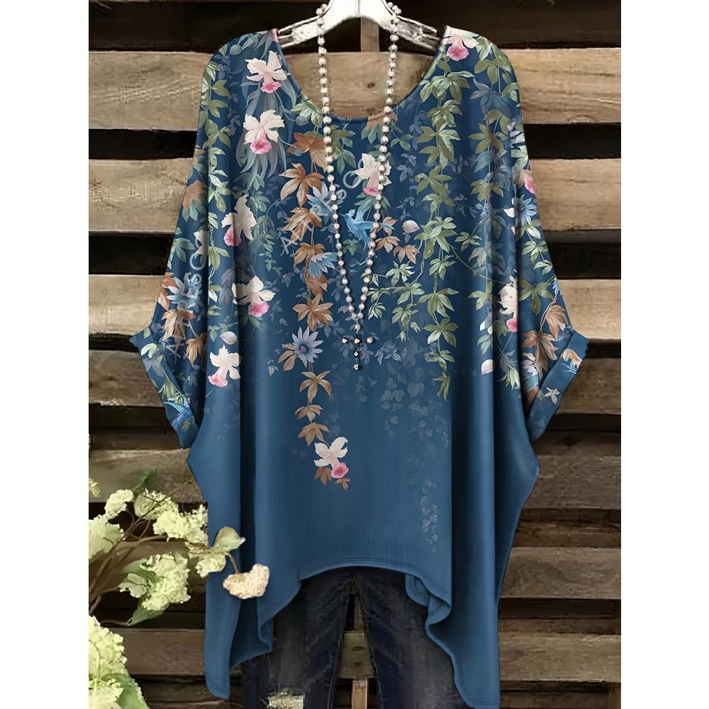 Haine de Vară Femei 2025 Albastru Marin și Alb cu Imprimeu Floral Elegant Versatil Design Decolteu Rotund Mânecă Scurtă Top Y2k pentru Femei