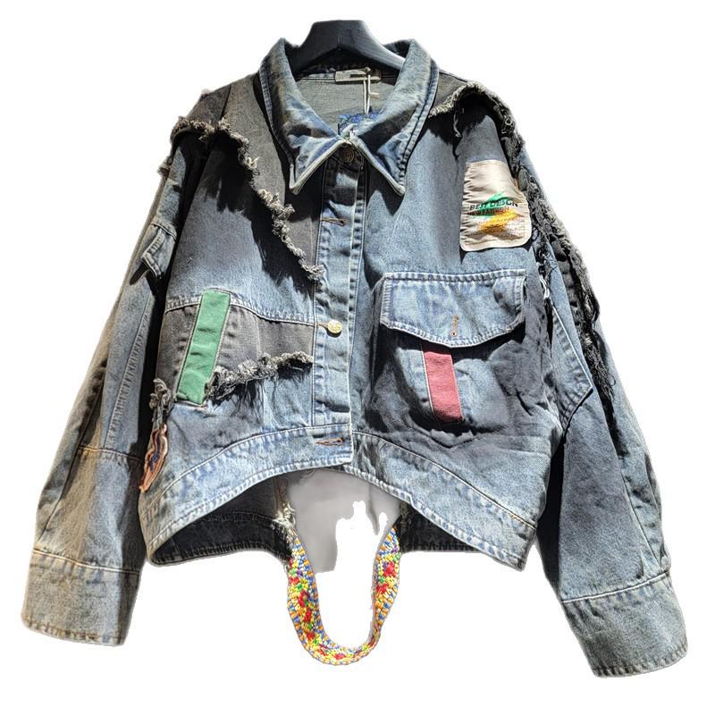 Women's Personalized Trendy Irregular Denim Patch Long-Sleeve Jacket