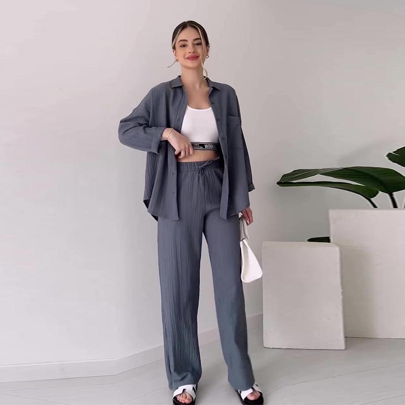 2024 Autumn European & American Women's Solid Color Casual Top and Drawstring Pants Set