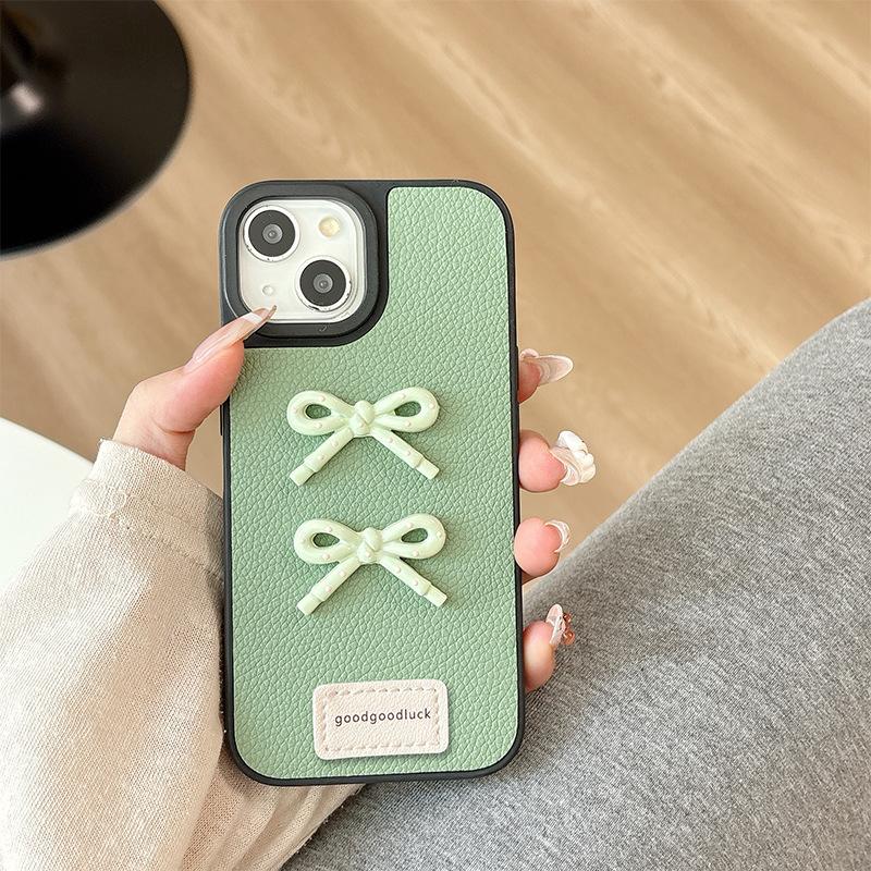 Apple 16 Leather Solid Color Mobile Phone Case Simple Application Iphone15Promax Bow 17 Women'S Internet Celebrity 14