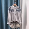 Cotton Yarn Ethnic Blouses Women Tops Elegant Female Blouses Plus Size Stand Collar Embroidery Striped Shirts Vintage Clothing