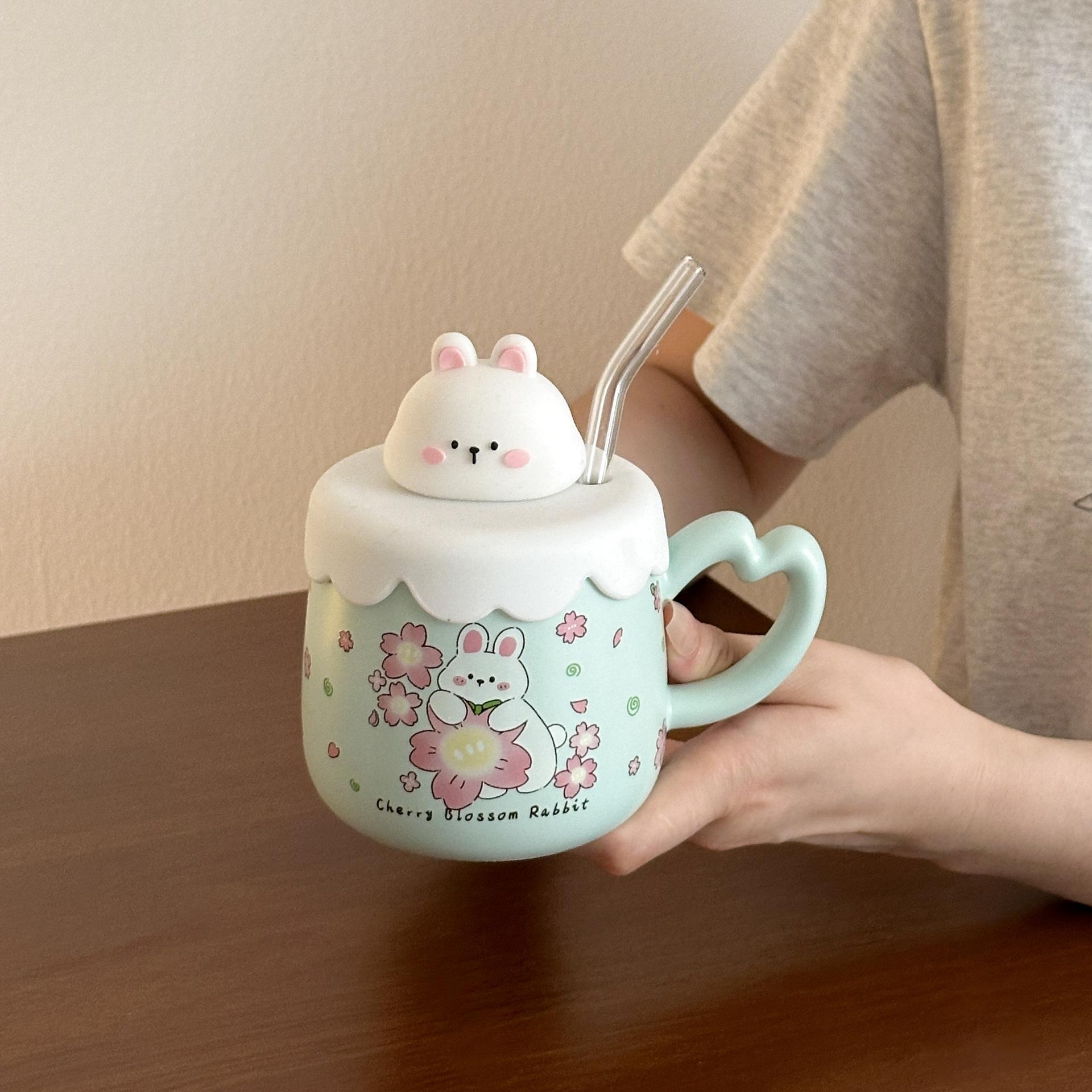 

Rabbit Straw Mug with Lid Fairy Cup Cute Office Home Bestie Ceramic Water Cup Birthday Gift 301-400ml