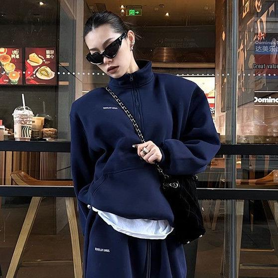 European Style Women's Thickened Stand-up Collar Sweatshirt Set - Fashionable Autumn/Winter Pure Cotton Casual Sportswear Two-Piece