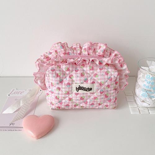 Ins Fresh Red Cherry Quilted Cosmetic Bag Fashion Small Large Toiletry Makeup Storage Bag Cute Lipstick Sanitary Napkin Case