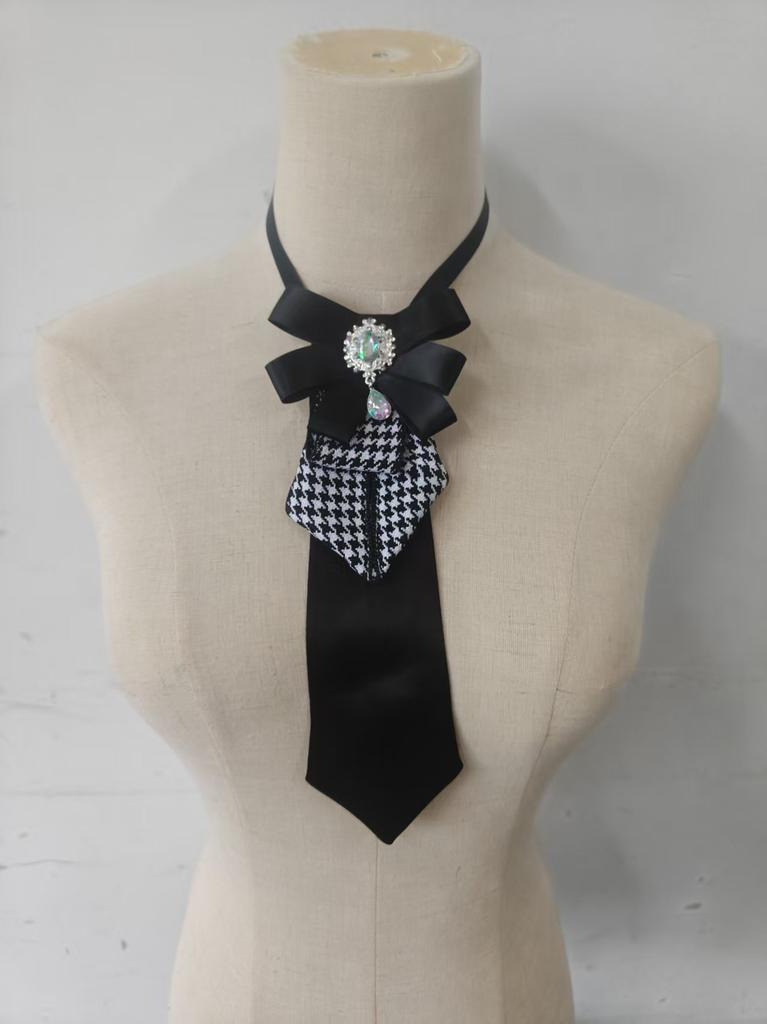 Women Bow Tie Brooch, Houndstooth Rhinestone Bow Neck Tie, Satin Decorative Necktie for Shirt Suit Sweater Office Party Accessory