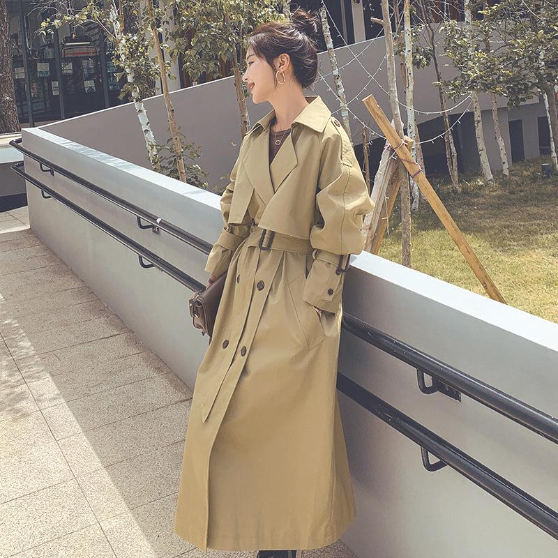 Women's Spring and Autumn New Khaki Hepburn Style Long Windbreaker Loose Large Size Temperament Double-breasted Jacket for Women