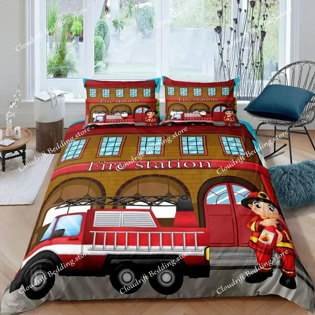 Firefighter Truck Duvet Cover KingQueen Size Red Firemen Car Bedding Set for Kids Boys Girls Fire Engine Polyester Quilt Cover
