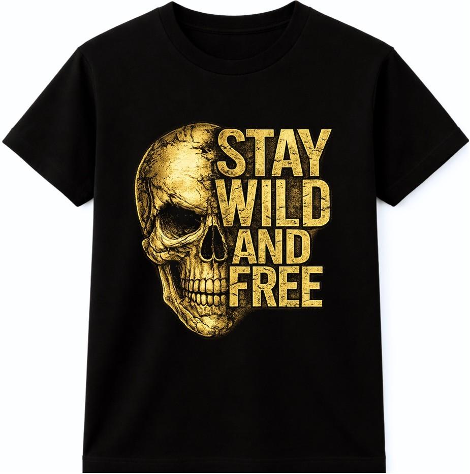 Skull T Shirt Stay Wild And Free Tattoo Biker Gothic Vintage Gold Tee L