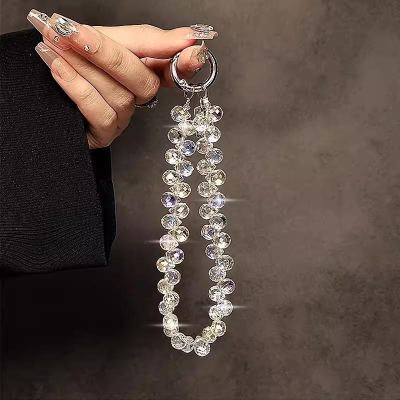 Internet Celebrity Senior Sense Colorful Crystal Water Drop Flash Mobile Phone Chain String Beads Bag Keychain Women's Short Lanyard