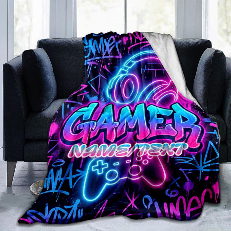1PC Custom Name Gamer Neon Artwork flannel blanket versatile,all-season throw suitable for the living room,bedroom,camping,travel,and gift